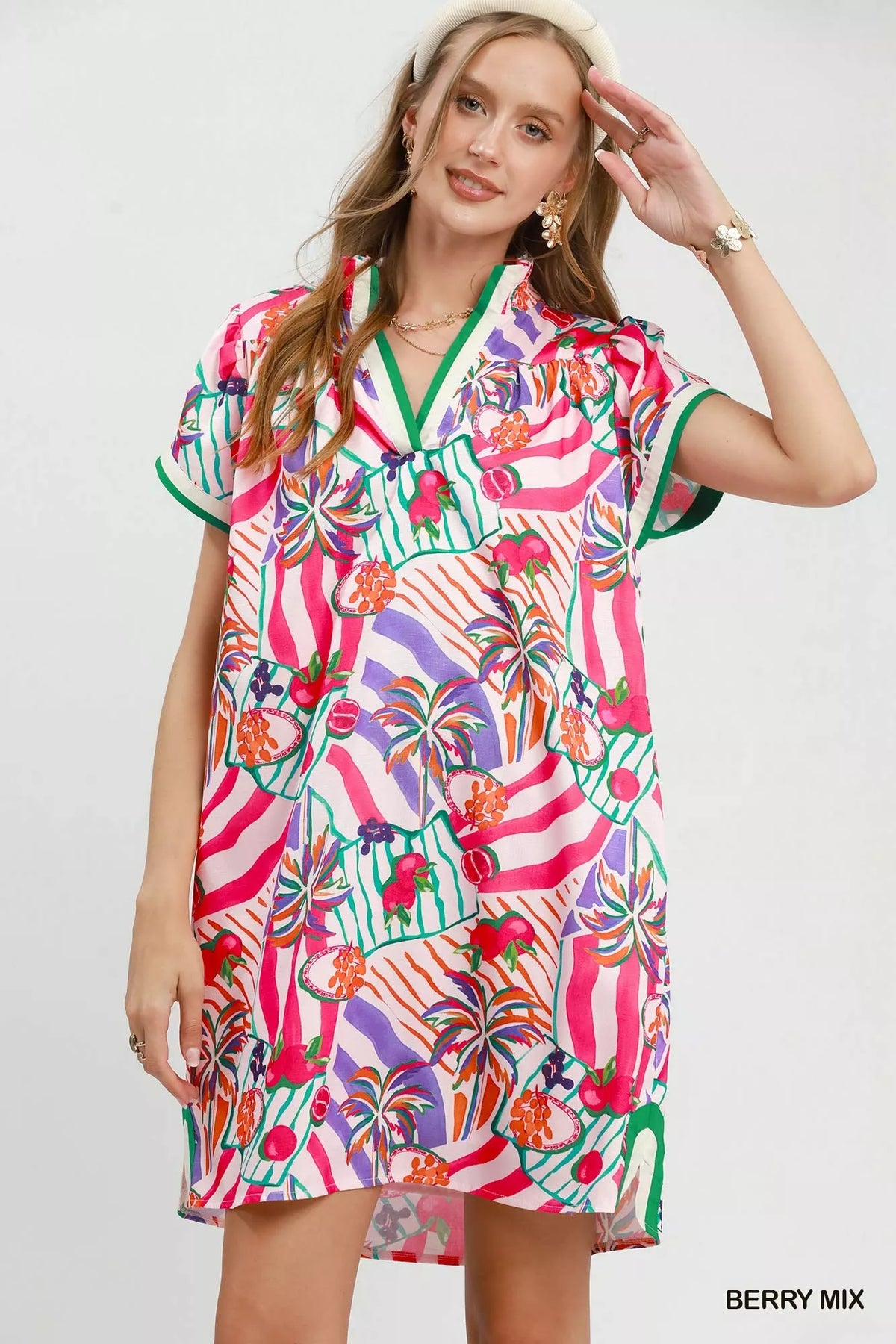 Umgee Tropical Print Collared Shift Dress - Berry Mix