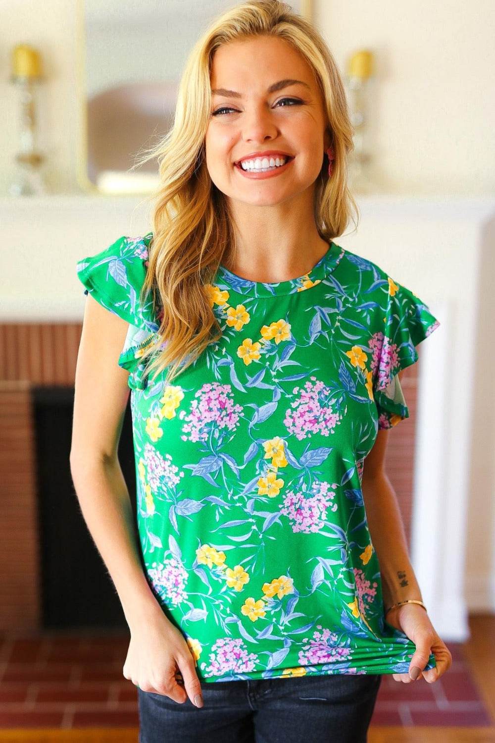 Haptics Round Neck Ruffled Floral Knit Top - DaTrendStore.Com