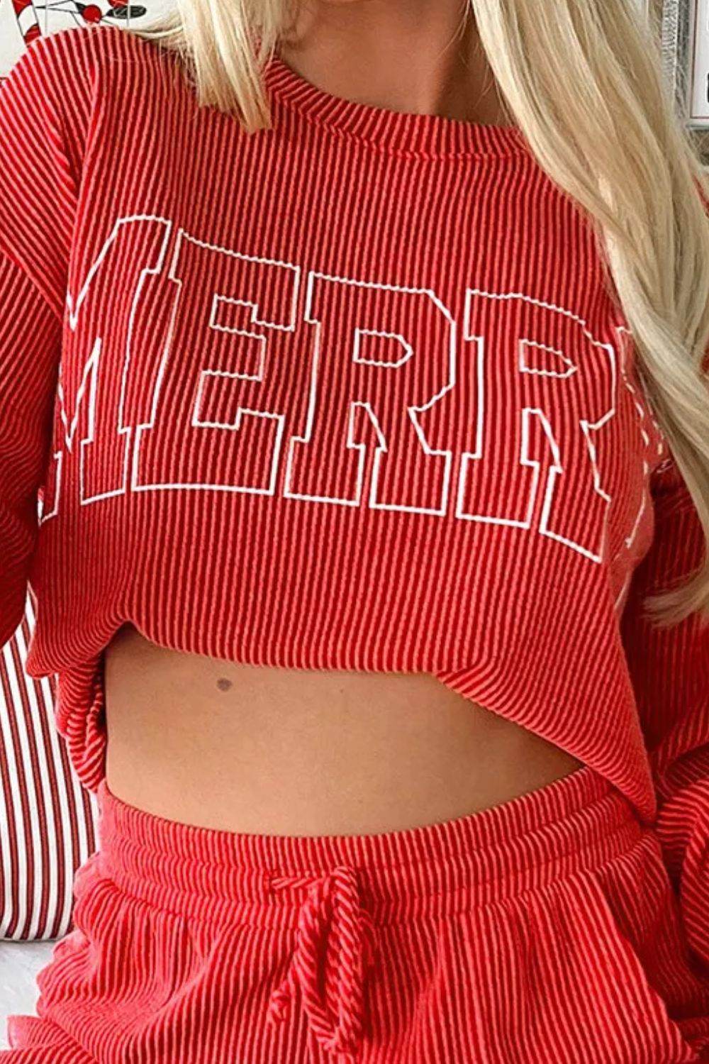 MERRY Round Neck Long Sleeve Top and Shorts Lounge Set - DaTrendStore.Com