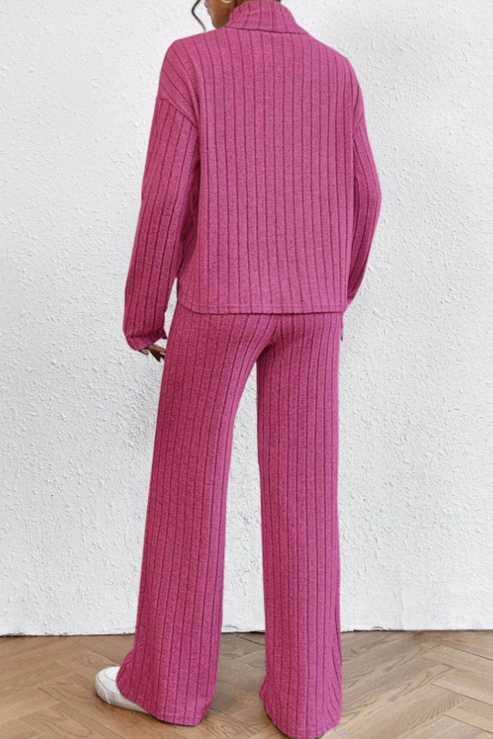 Mock Neck Dropped Shoulder Top and Pants Set - DaTrendStore.Com