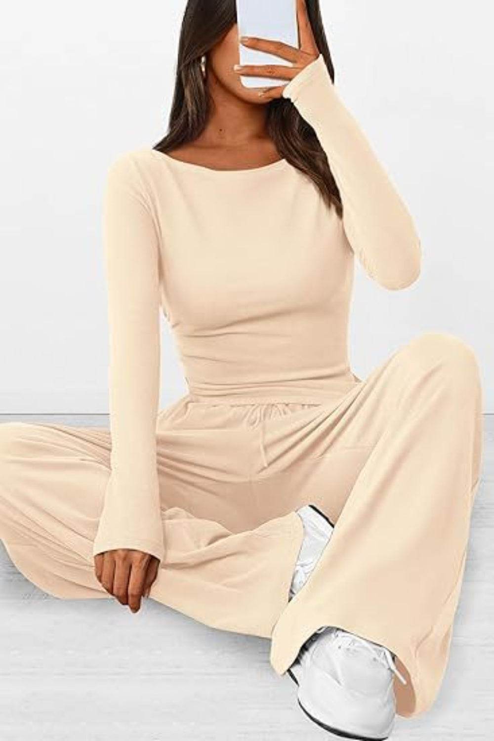 Round Neck Long Sleeve Top and Pants Set - DaTrendStore.Com