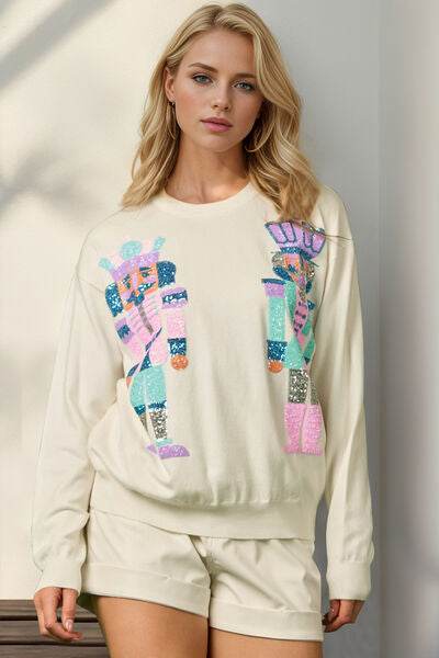 Double Take Full Size Sequin Nutcracker Long Sleeve Sweater - DaTrendStore.Com