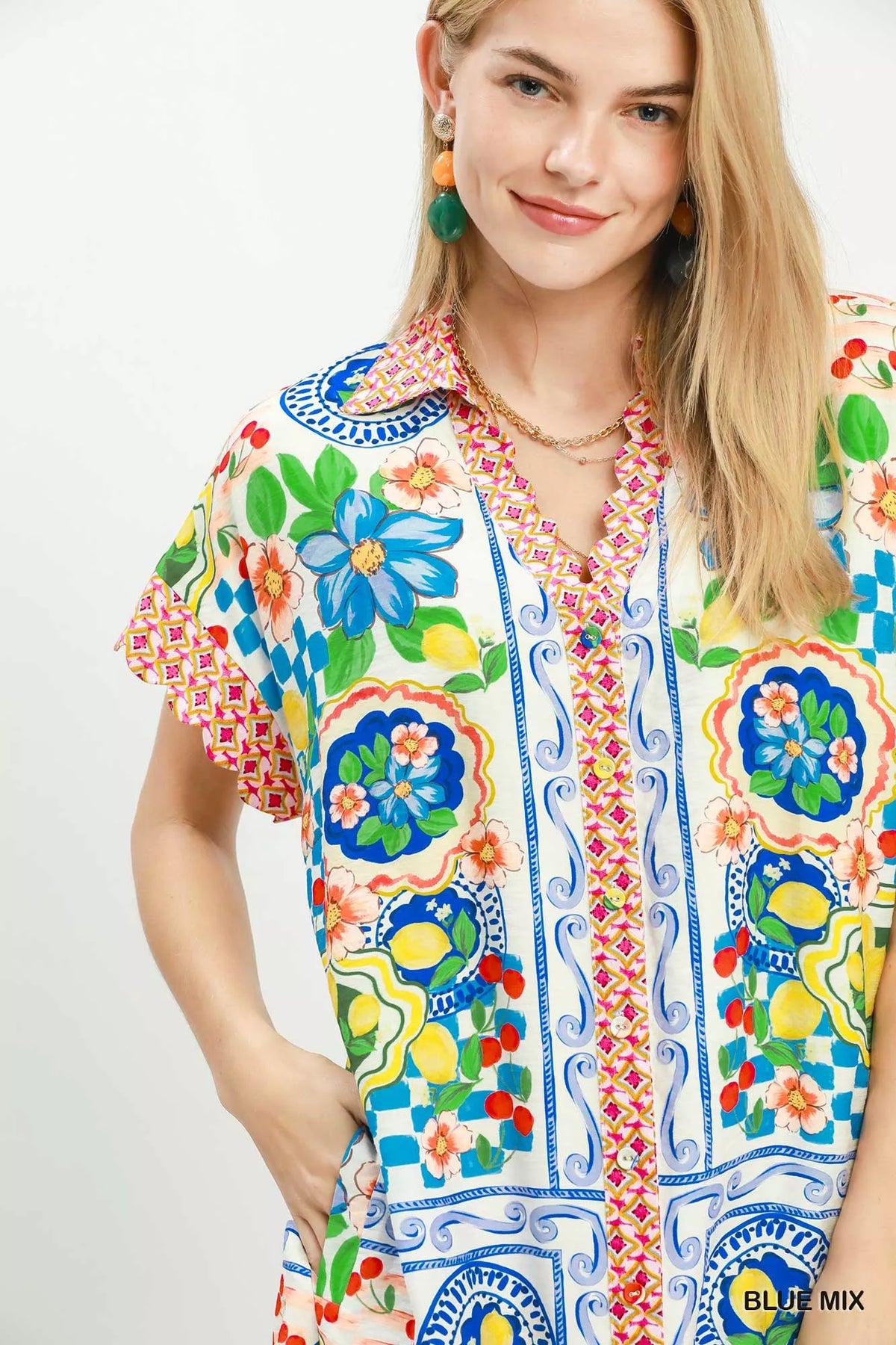 Umgee Mediterranean Print Dress with Contrast Printed Trim - Blue Mix
