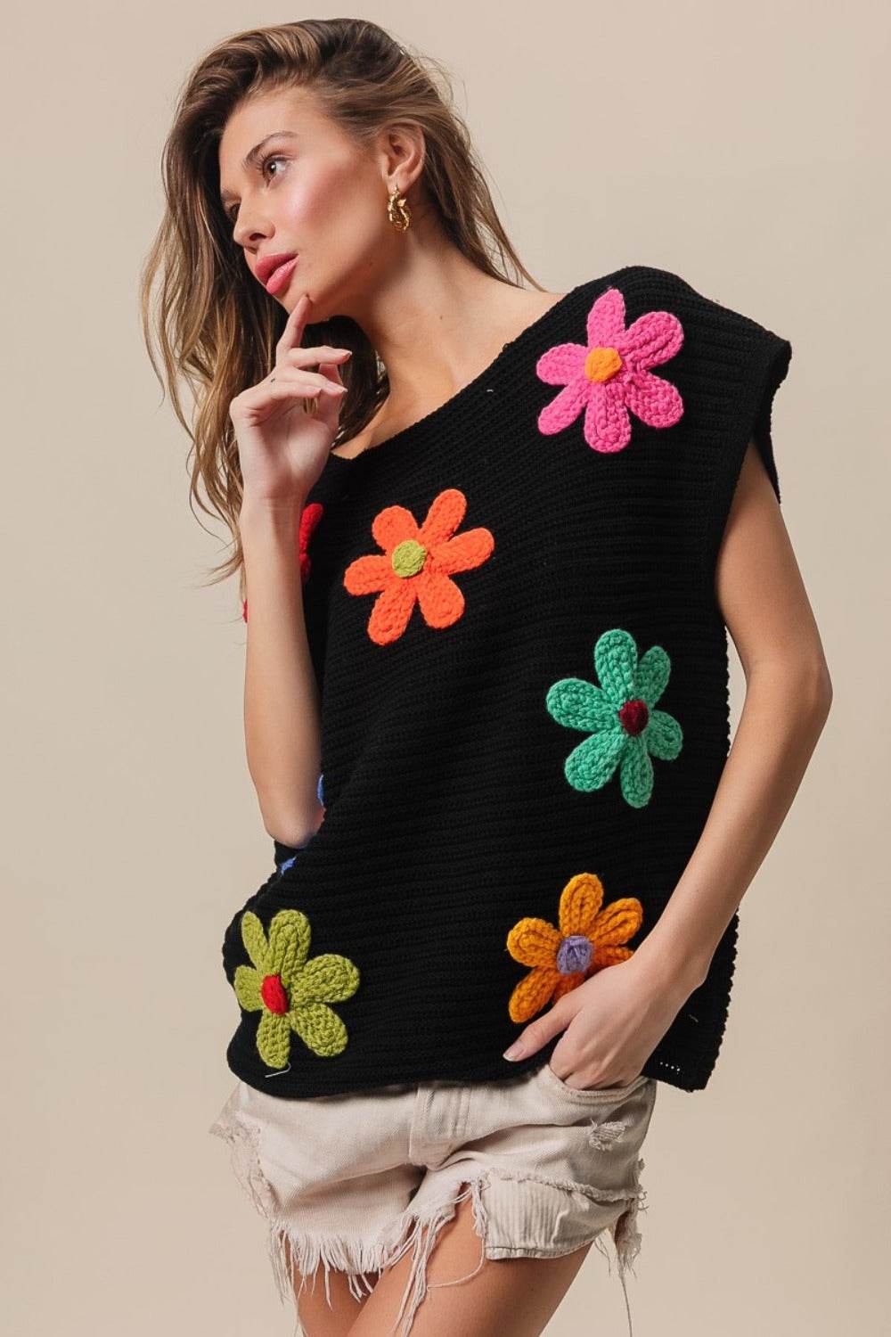 BiBi Flower Round Neck Cap Sleeve Knit Top - DaTrendStore.Com