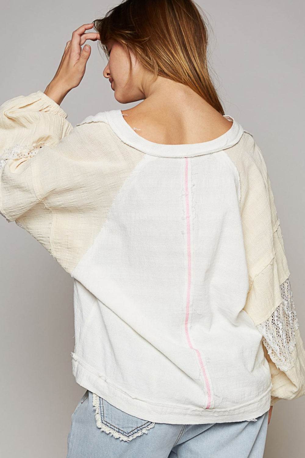 POL Balloon Sleeve Crochet Patch Top - DaTrendStore.Com