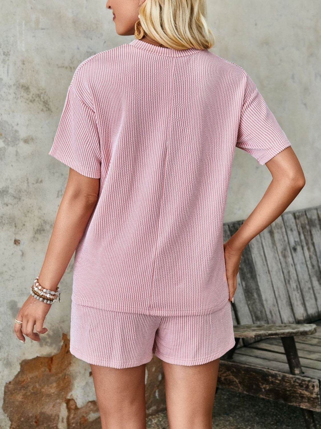 Lovelet Textured Round Neck Short Sleeve Top and Shorts Set - DaTrendStore.Com