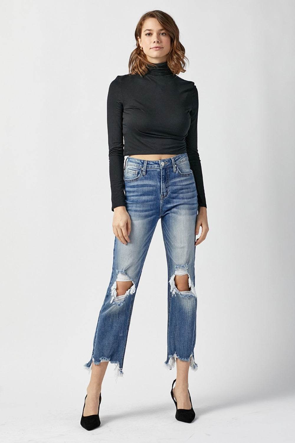 RISEN High Waist Distressed Frayed Hem Cropped Straight Jeans - DaTrendStore.Com