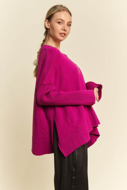 Davi & Dani Ribbed Side Slit V-Neck Sweater - DaTrendStore.Com