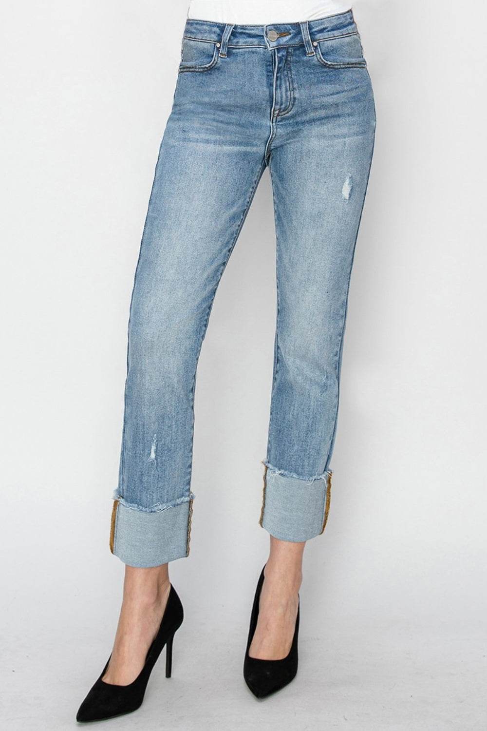 RISEN Full Size High Rise Cuffed Slim Straight Jeans - DaTrendStore.Com