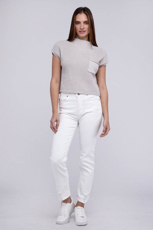Mock Neck Short Sleeve Cropped Sweater - DaTrendStore.Com