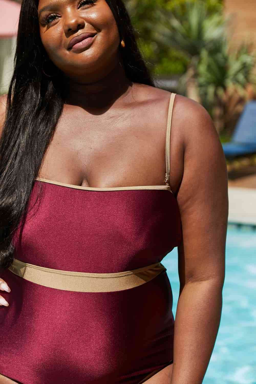 Marina West Swim Wave Break Contrast Trim One-Piece in Wine - DaTrendStore.Com