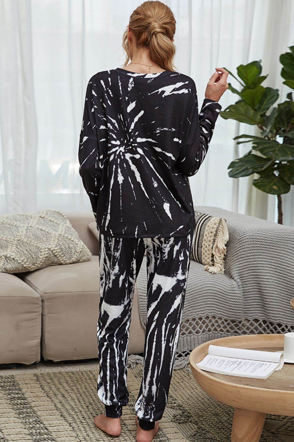 Shiny Tie-Dye Round Neck Top and Drawstring Waist Joggers Lounge Set - DaTrendStore.Com
