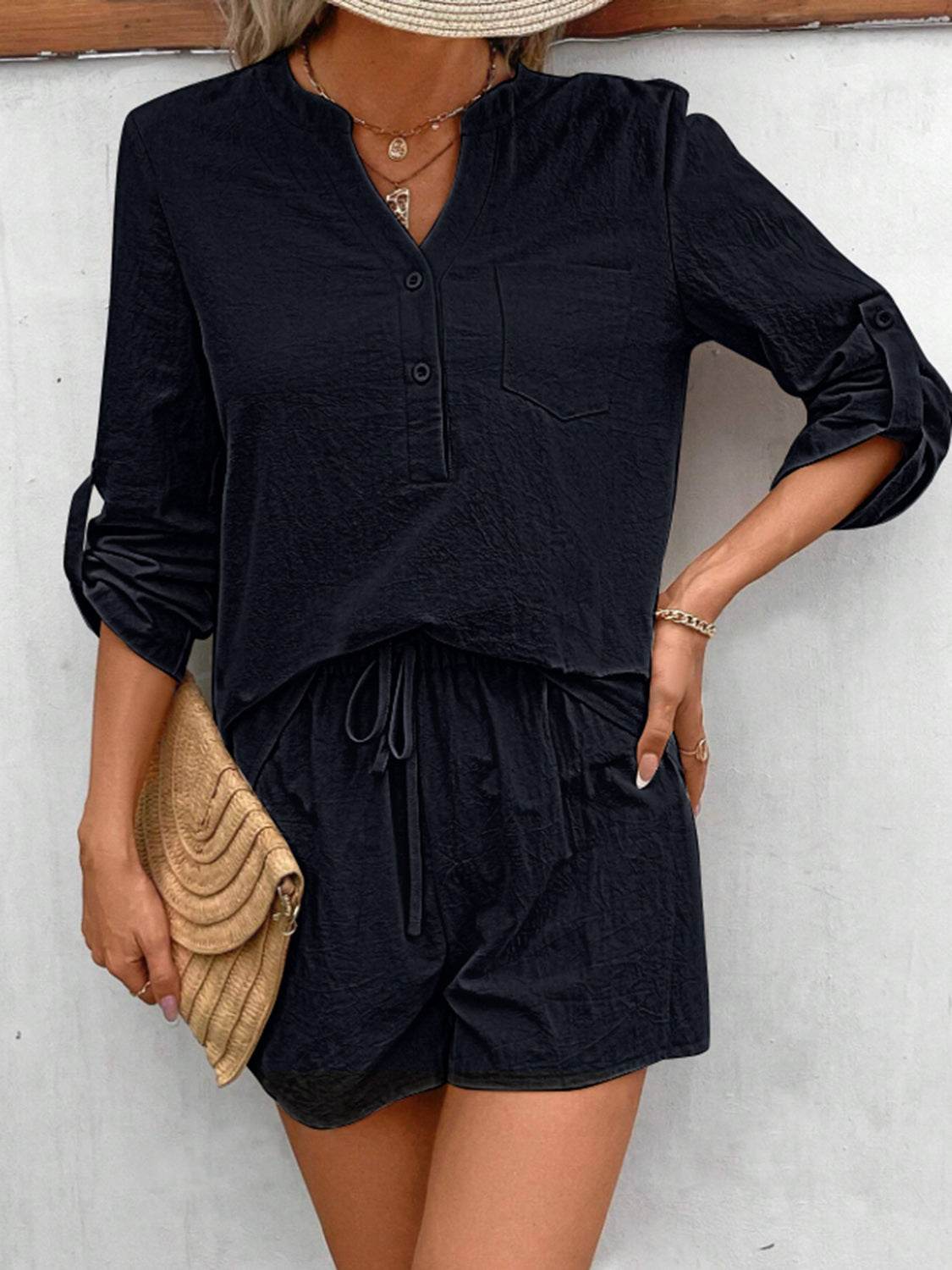 Notched Long Sleeve Top and Shorts Set - DaTrendStore.Com