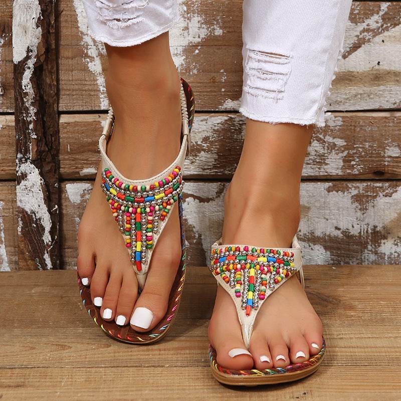 PU Leather Beaded Flat Sandals - DaTrendStore.Com