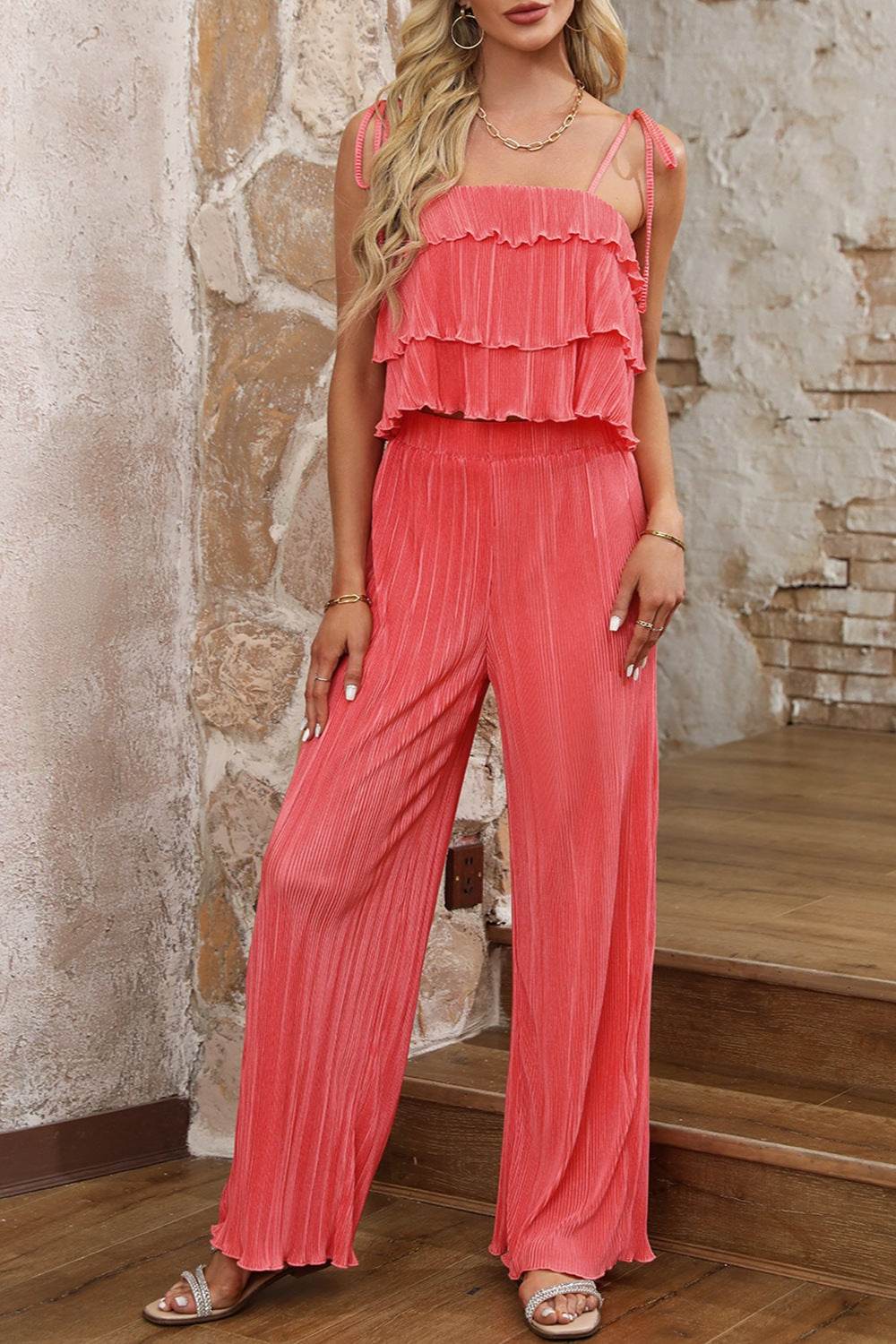 Layered Tie Shoulder Top and Wide Leg Pants Set - DaTrendStore.Com