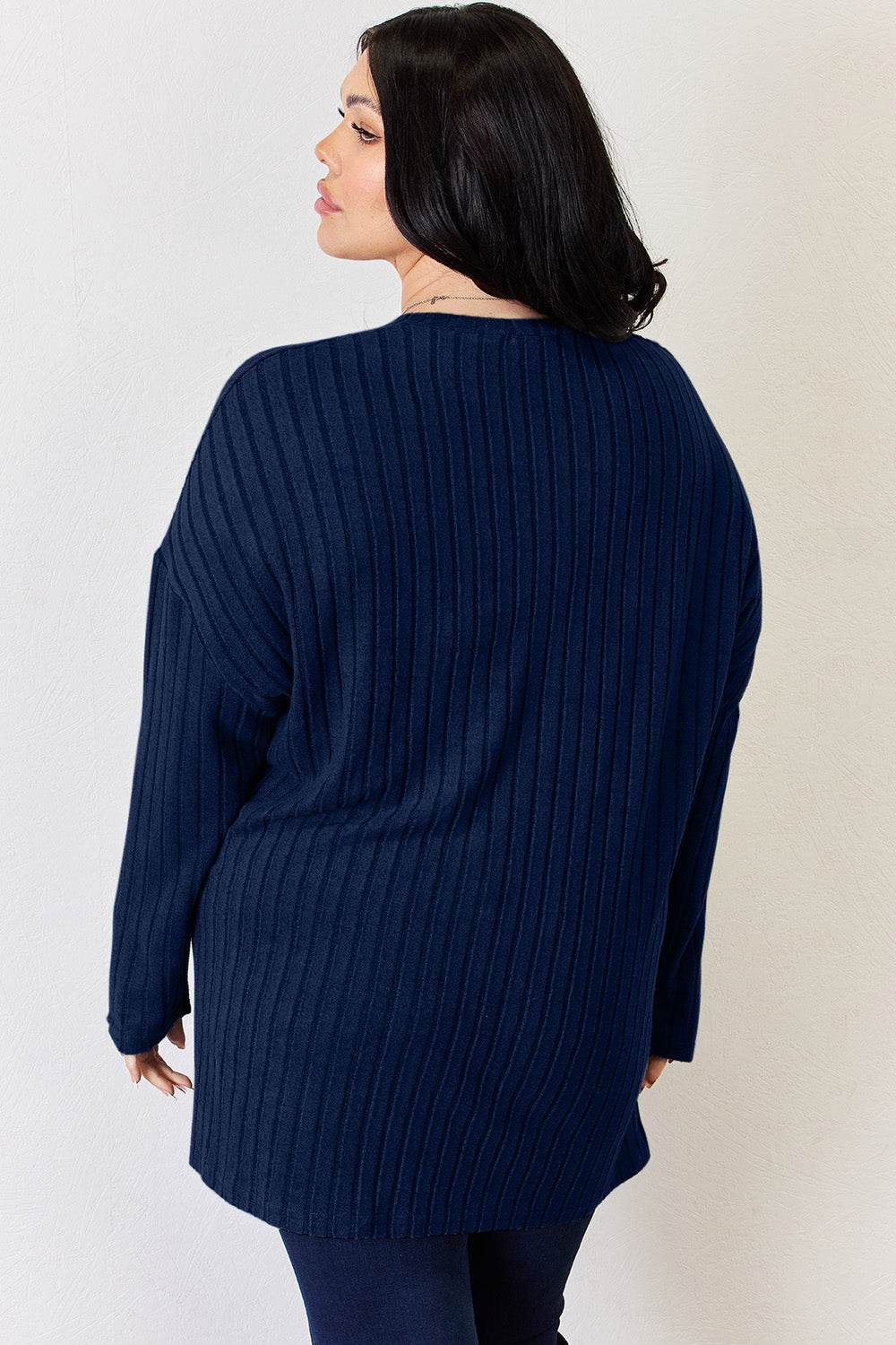 Basic Bae Full Size Ribbed Half Button Long Sleeve High-Low T-Shirt - DaTrendStore.Com