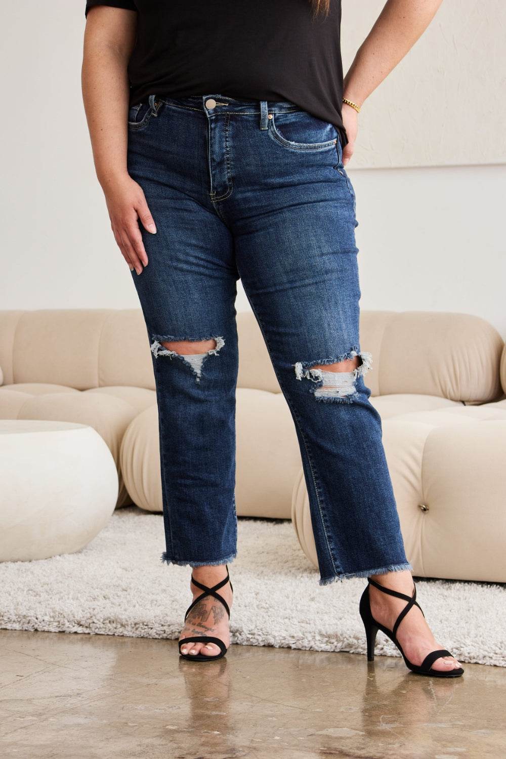 RFM Crop Dylan Full Size Tummy Control Distressed High Waist Raw Hem Jeans - DaTrendStore.Com