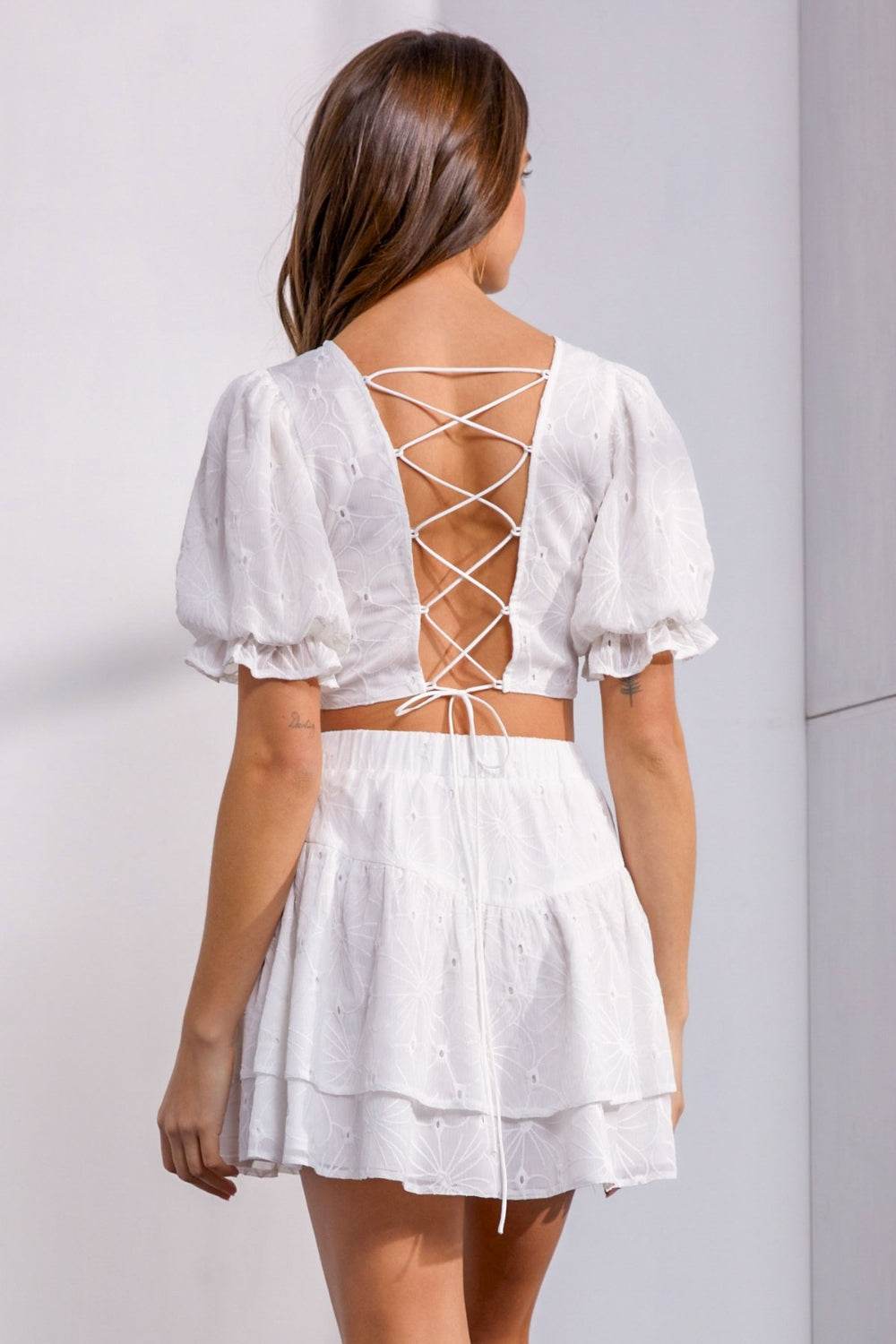 Mustard Seed Floral Embroidered Back Lace Up Crop Top - DaTrendStore.Com