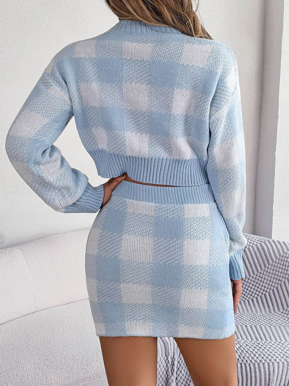 Plaid Round Neck Top and Skirt Sweater Set - DaTrendStore.Com