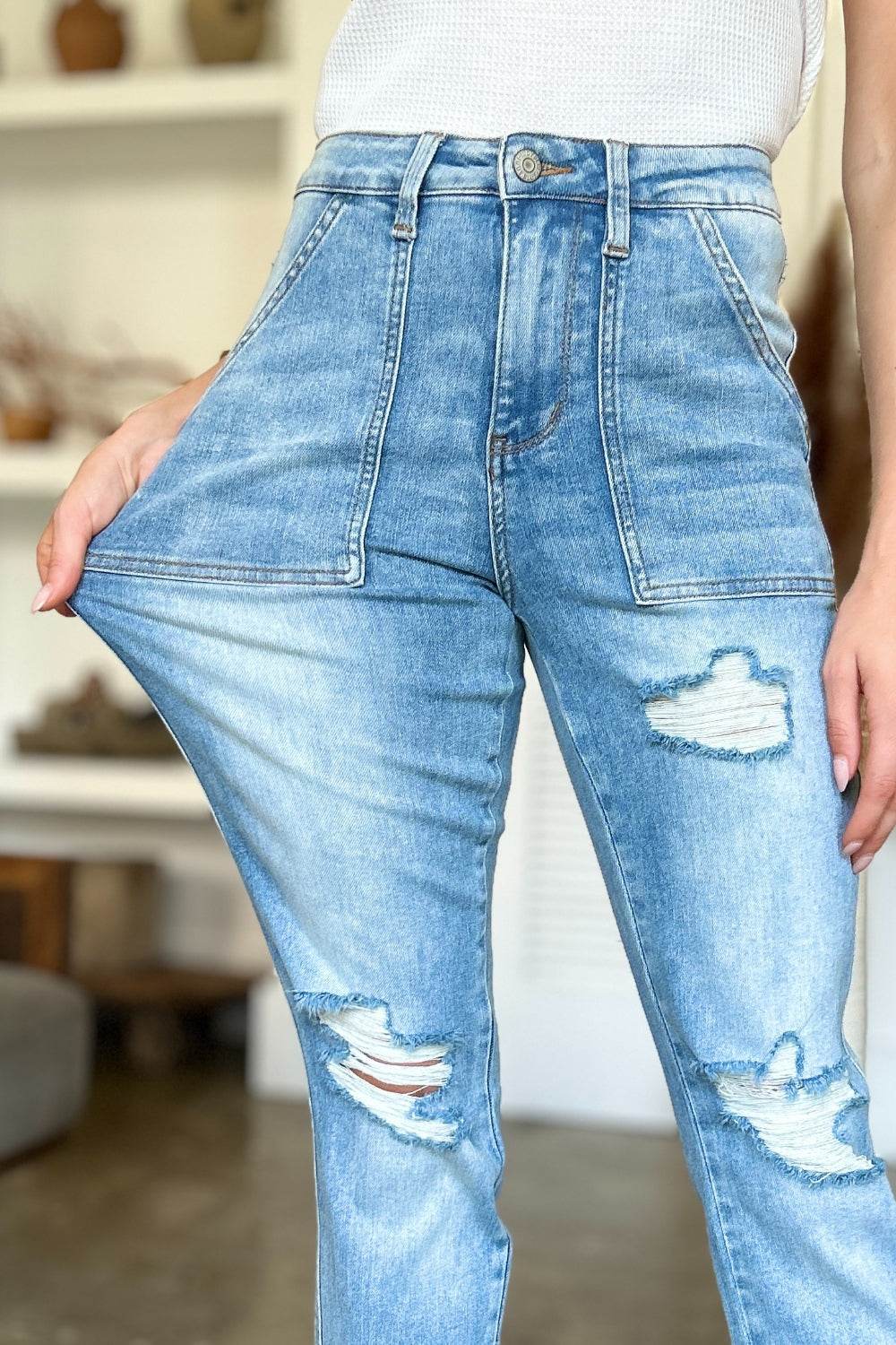 Judy Blue Full Size Distressed Straight Jeans with Patch Pockets - DaTrendStore.Com