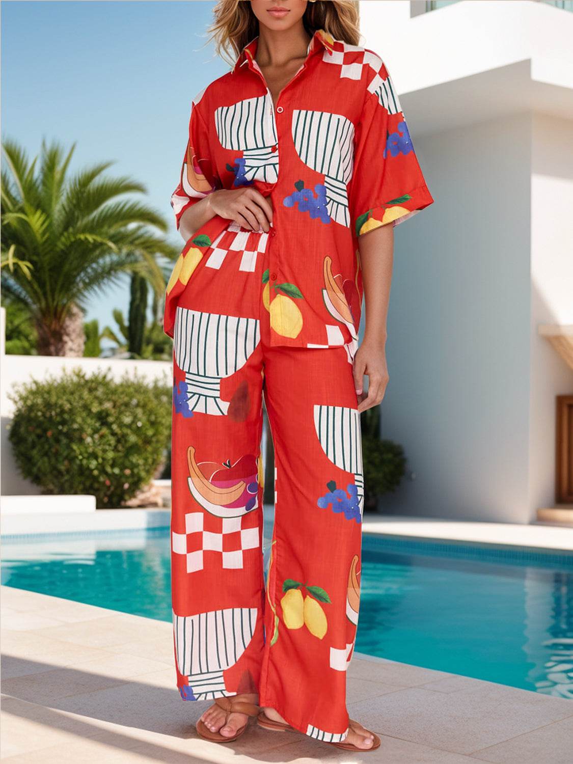 Printed Dropped Shoulder Top and Wide Leg Pants Set - DaTrendStore.Com
