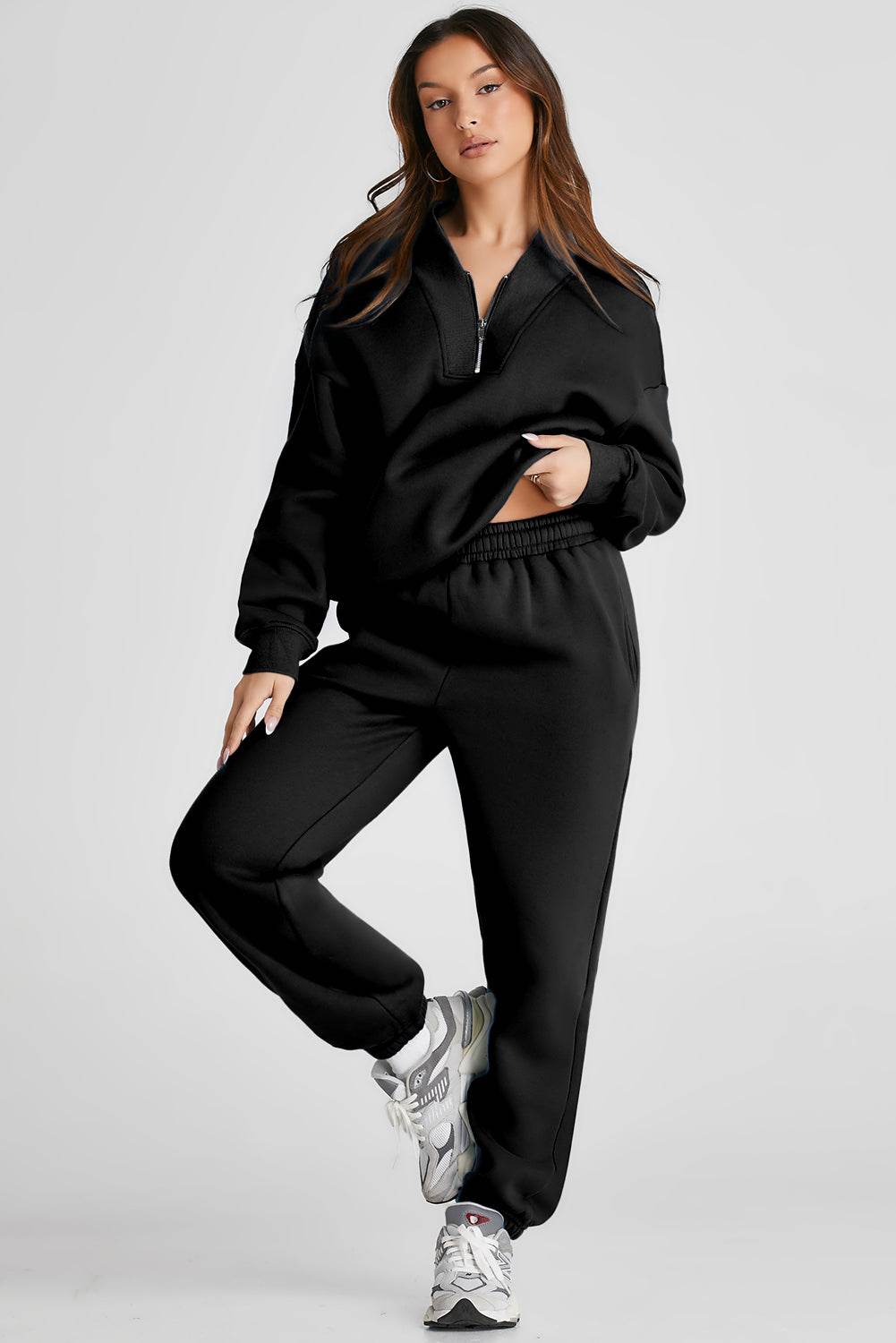 Quarter Zip Long Sleeve Top and Pants Set - DaTrendStore.Com