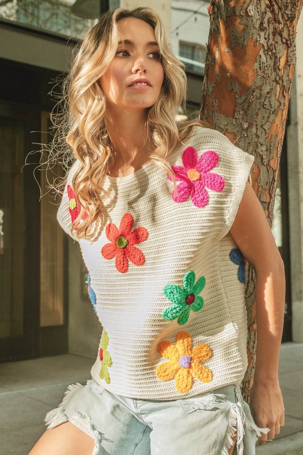 BiBi Flower Round Neck Cap Sleeve Knit Top - DaTrendStore.Com