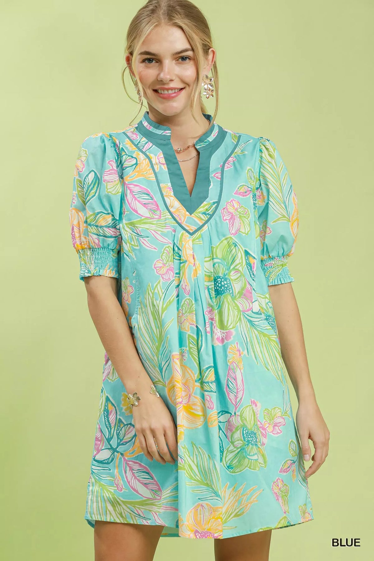 Umgee Botanical Print Dress with Smocked Cuffs - Blue