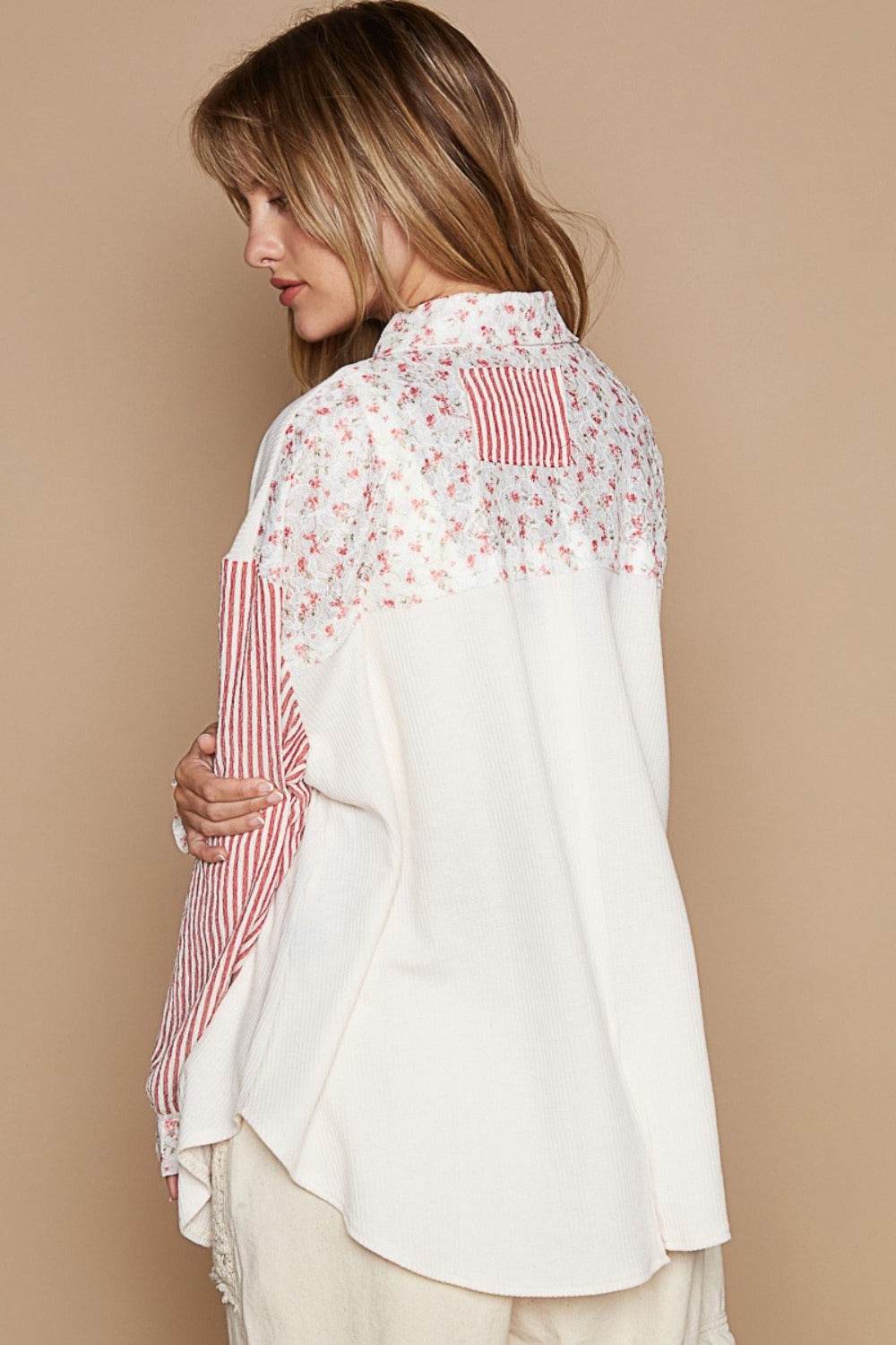 POL Long Sleeve Embroidered Print Patch Pocket Shirt - DaTrendStore.Com