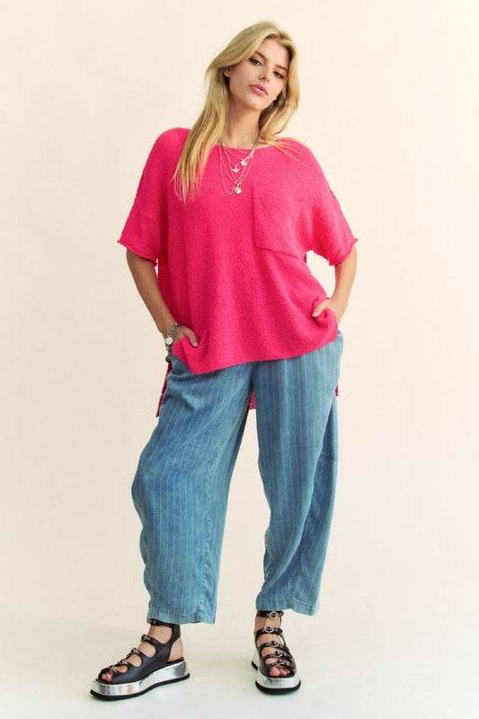 Davi & Dani Side Slit Round Neck Half Sleeve Knit Top - DaTrendStore.Com