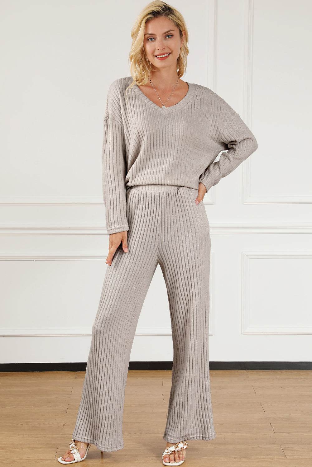 Ribbed V-Neck Top and Pants Lounge Set - DaTrendStore.Com
