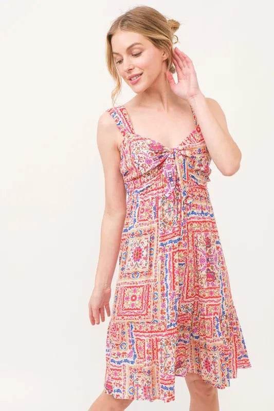 And The Why Red Boho Tiered Tie-Front Dress