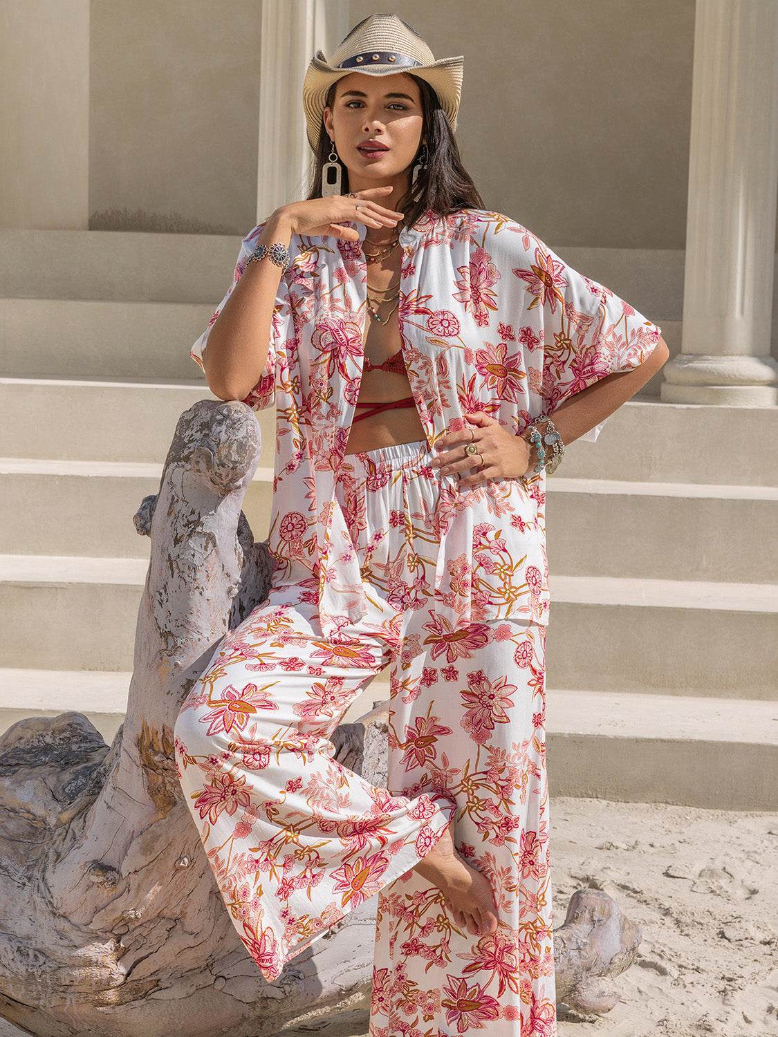 Printed Open Front Half Sleeve Top and Pants Set - DaTrendStore.Com