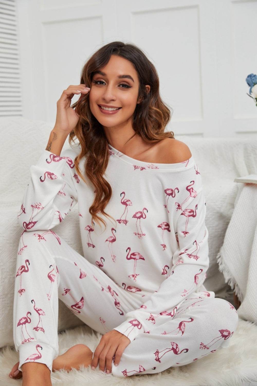 Flamingo Long Sleeve Top and Pants Lounge Set - DaTrendStore.Com