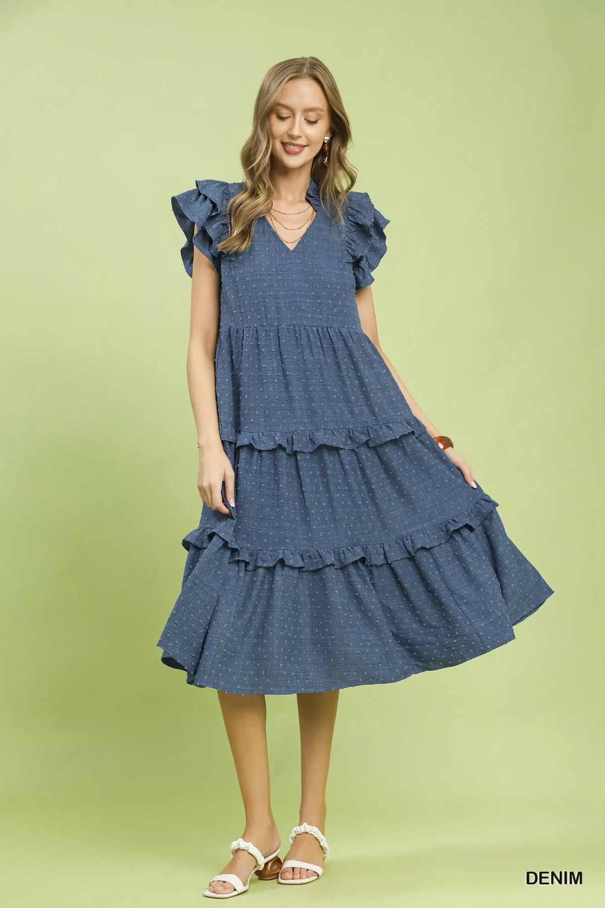 Umgee Textured Ruffle Sleeve Tiered Midi Dress - Denim