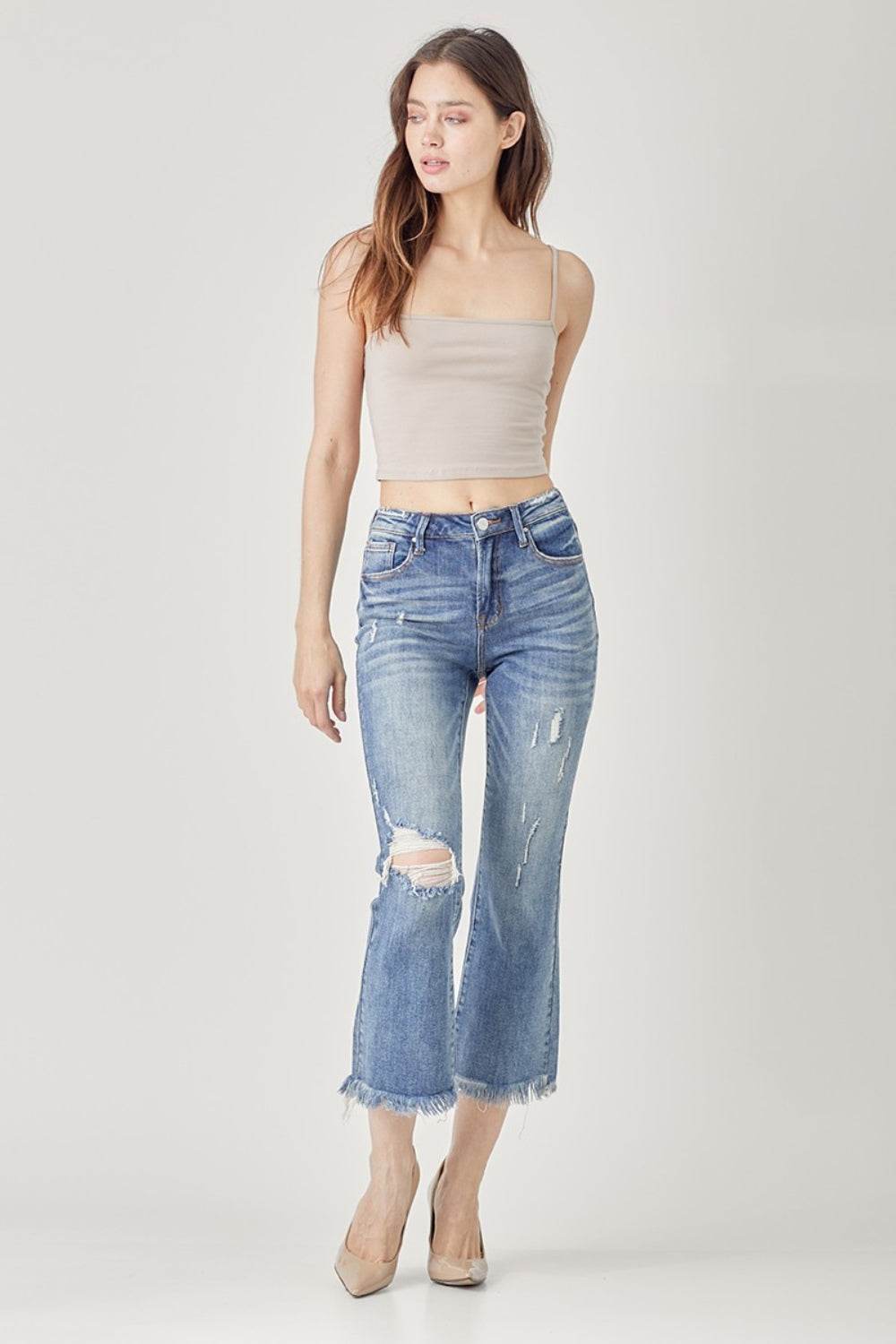 RISEN High Waist Distressed Cropped Bootcut Jeans - DaTrendStore.Com
