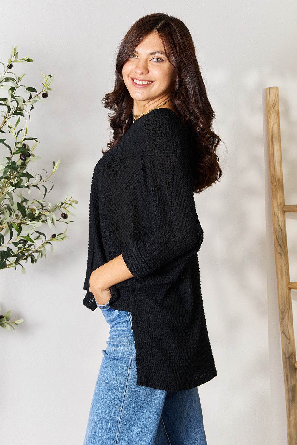 Zenana Full Size Round Neck High-Low Slit Knit Top - DaTrendStore.Com