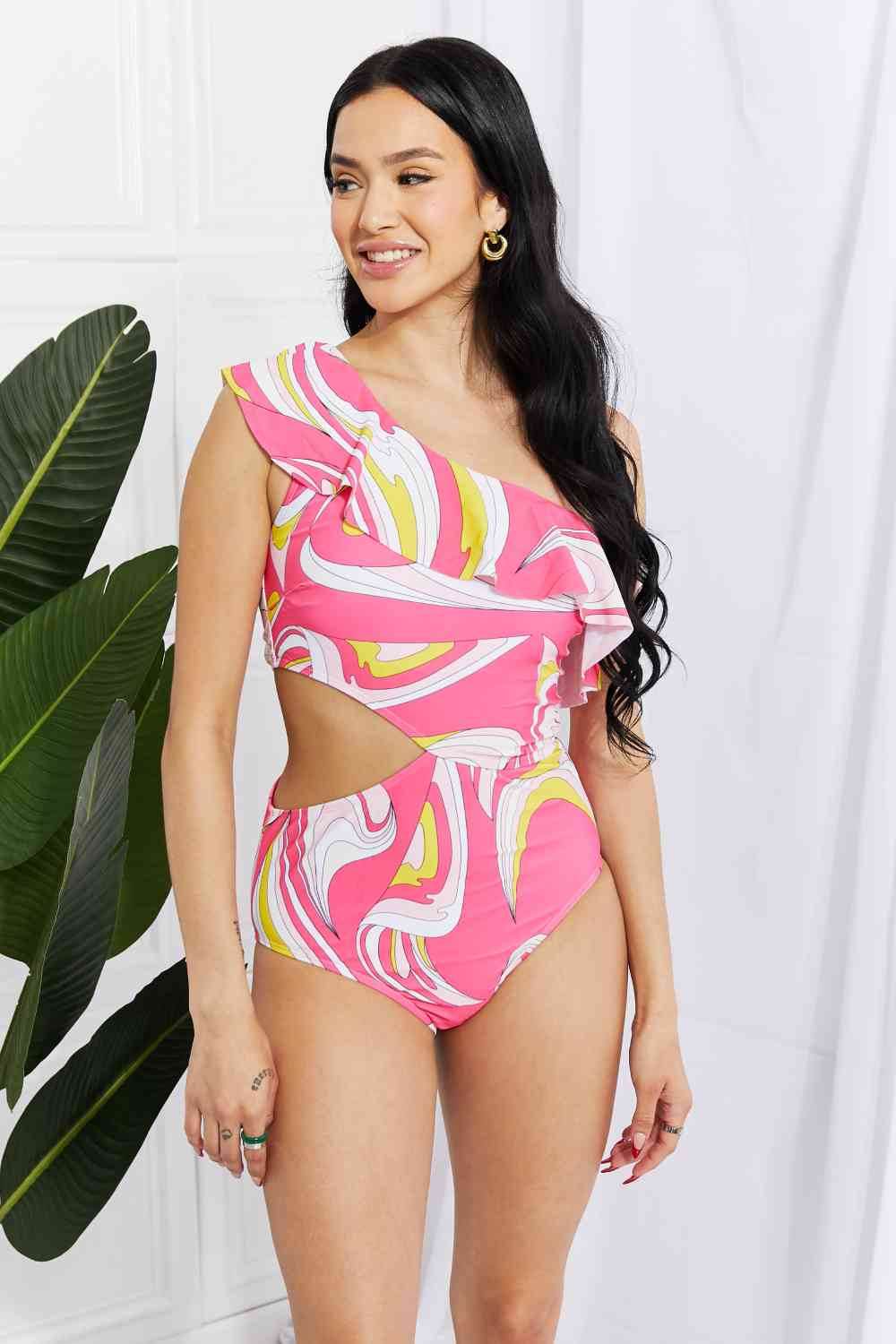 Marina West Swim Vitamin C Asymmetric Cutout Ruffle Swimsuit in Pink - DaTrendStore.Com