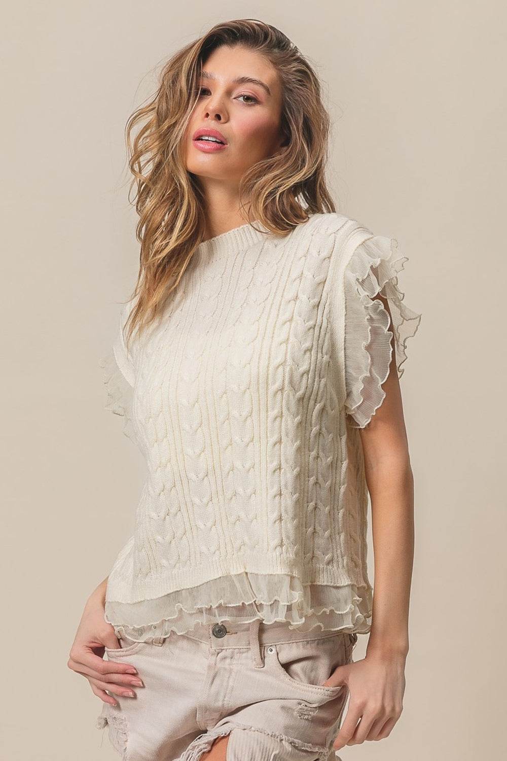 BiBi Layered Pleat Chiffon Edge Cable Knit Top - DaTrendStore.Com