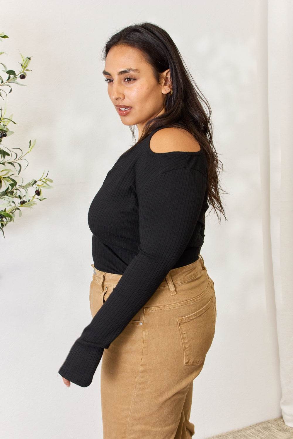 Culture Code Full Size Ribbed Surplice Cold Shoulder Top - DaTrendStore.Com
