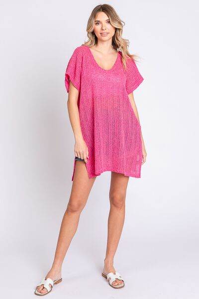 GeeGee Short Sleeve Side Slit Knit Cover Up Dress - DaTrendStore.Com