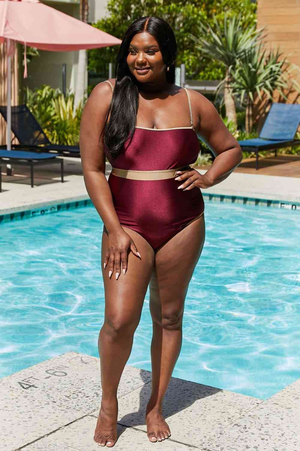 Marina West Swim Wave Break Contrast Trim One-Piece in Wine - DaTrendStore.Com