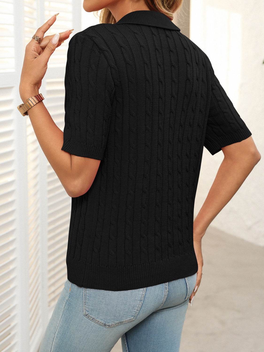 Mandy Cable Knit Johnny Collar Half Sleeve Sweater - DaTrendStore.Com