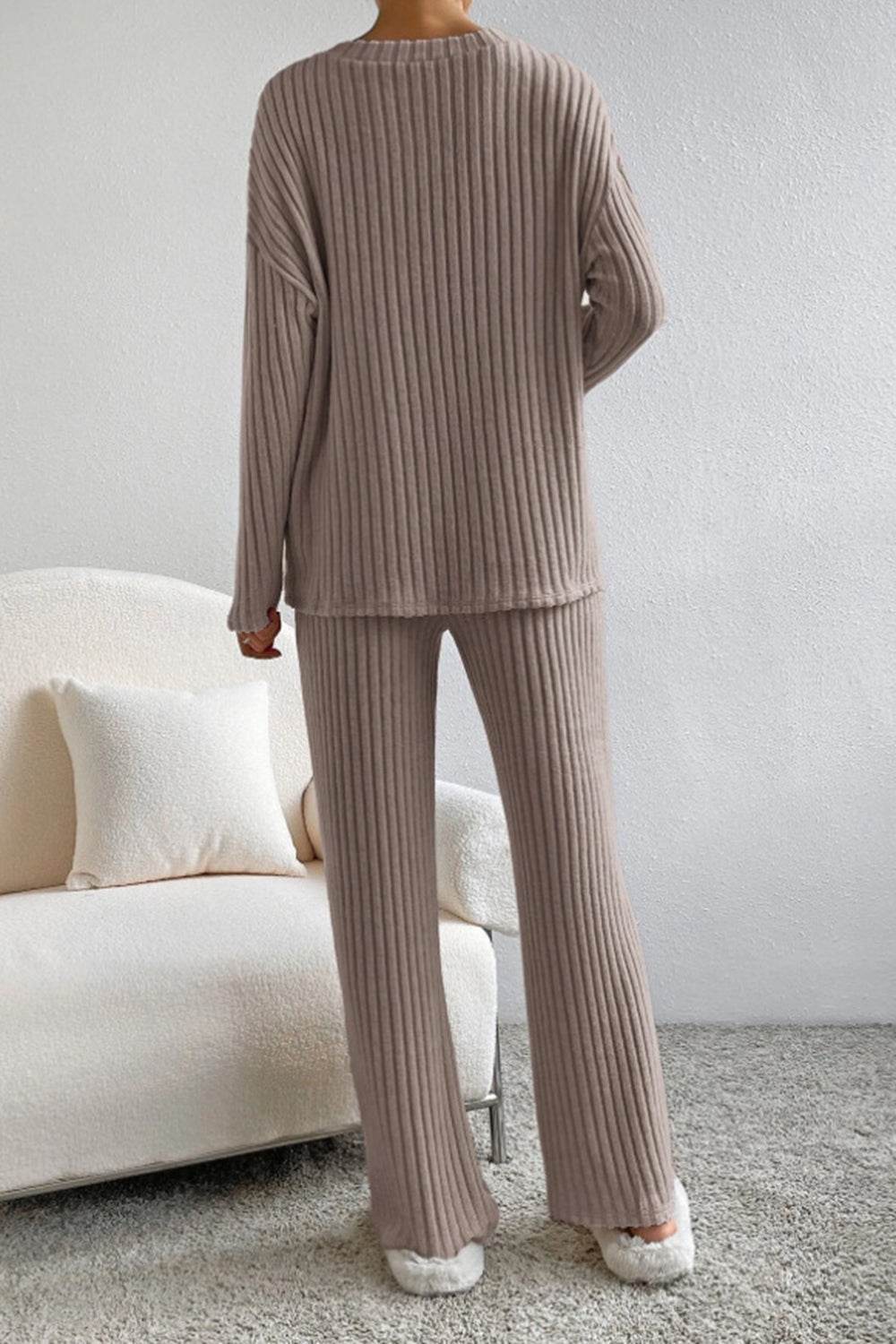 Ribbed V-Neck Top and Pants Set - DaTrendStore.Com