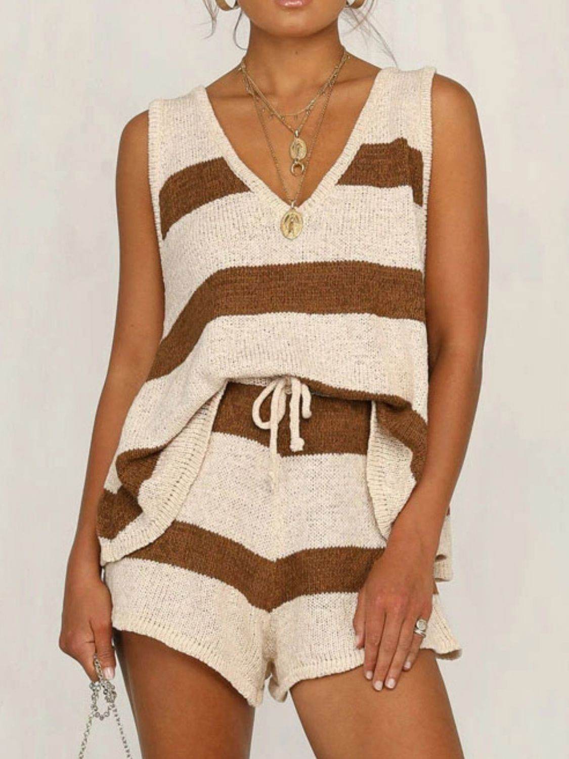 V-Neck Sleeveless Top and Drawstring Shorts Sweater Set - DaTrendStore.Com