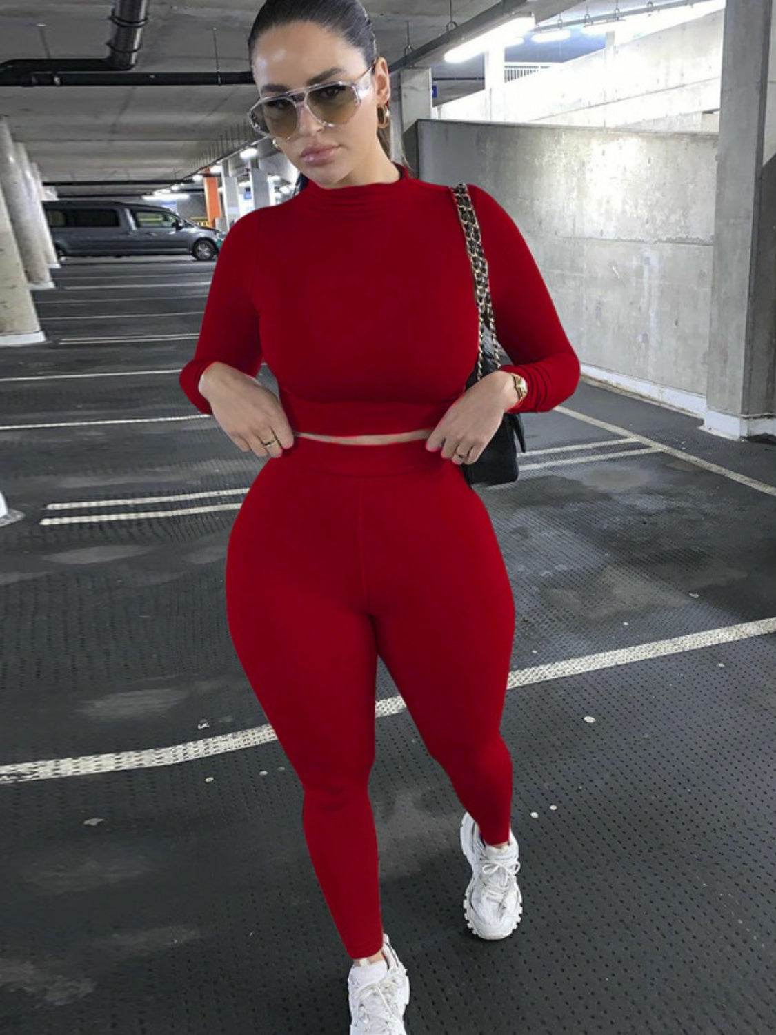 Mock Neck Long Sleeve Top and High Waist Pants Set - DaTrendStore.Com