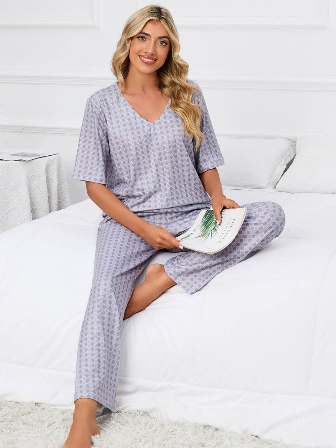Printed V-Neck Top and Pants Lounge Set - DaTrendStore.Com