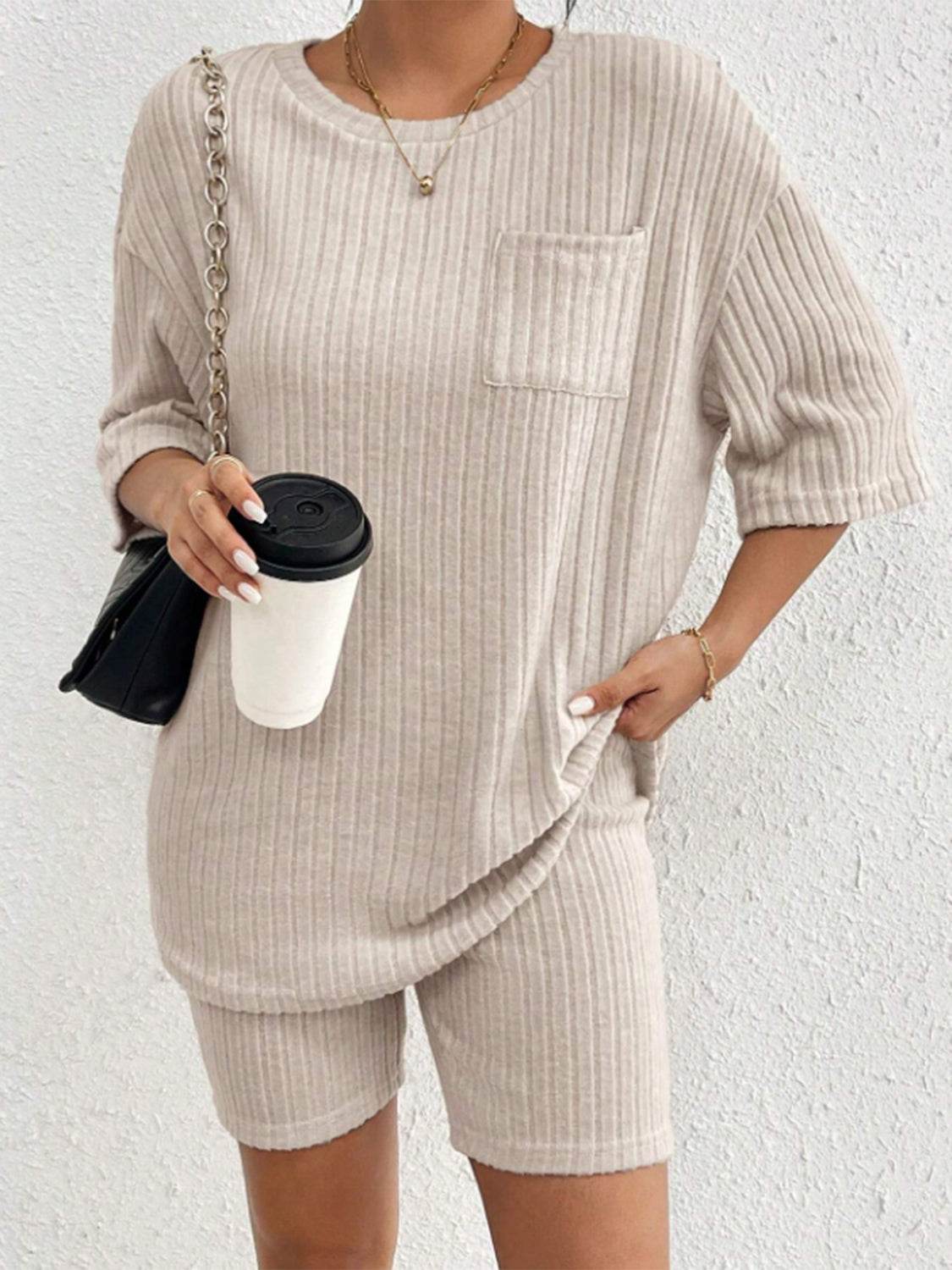 Ribbed Round Neck Top and Shorts Set - DaTrendStore.Com