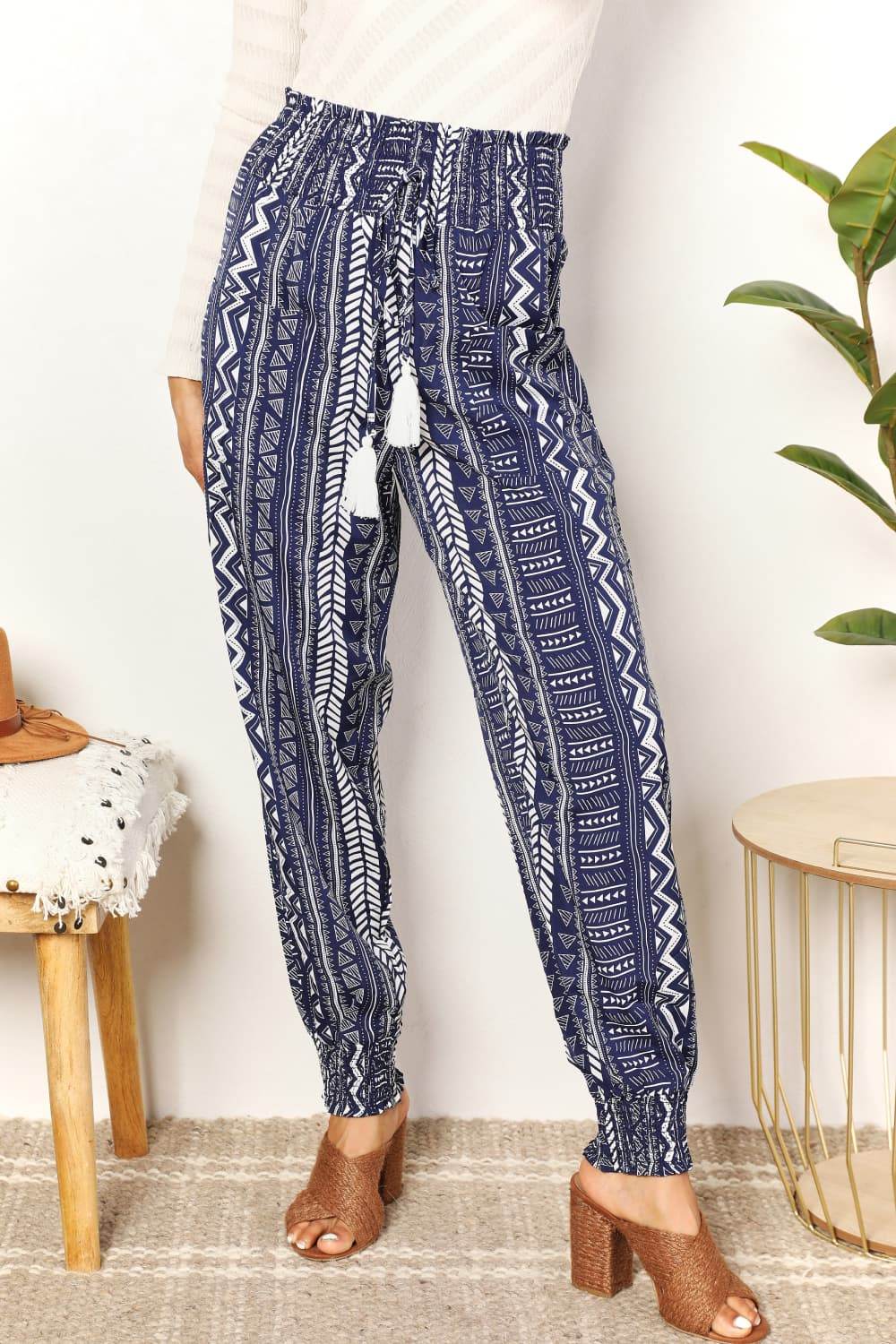 Perfee Geometric Print Tassel High-Rise Pants - DaTrendStore.Com
