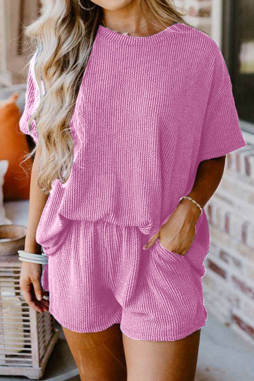Round Neck Top and Pocketed Shorts Set - DaTrendStore.Com